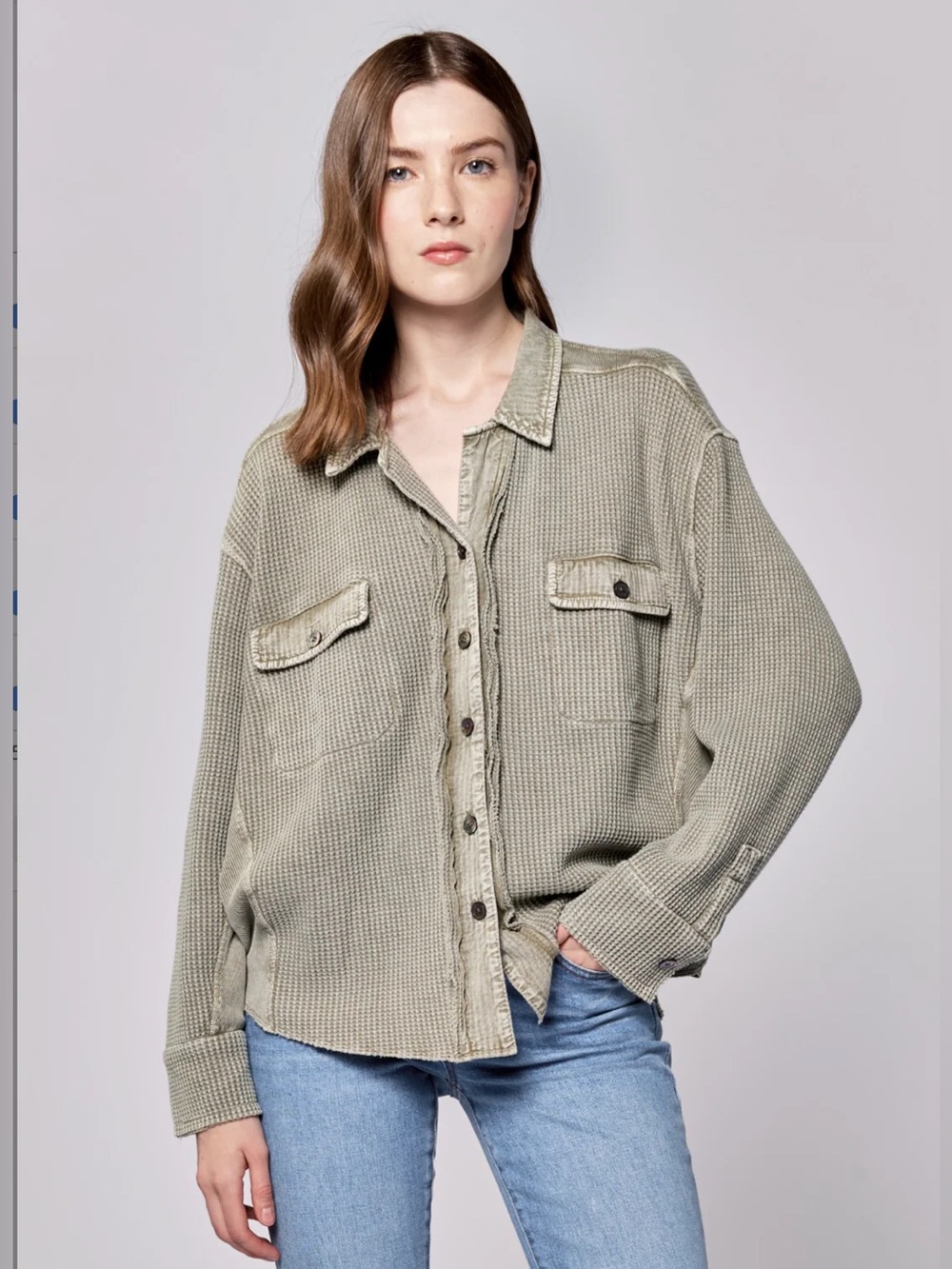 Briggs Green Waffle Thermal Button Down Shirt | Size L | Distressed Layering Top